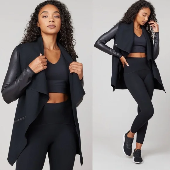 SPANX Faux Leather Sleeve Drape Front Jacket Black L Ponte Moto Blazer 50176R - Picture 2 of 16